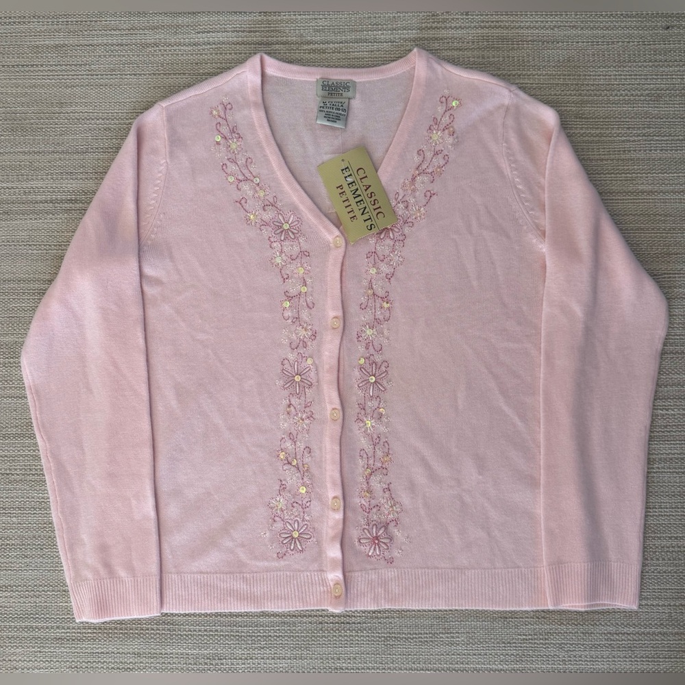 Classic Elements‎ V-neck pink floral embroidery sequins cardigan women’s M